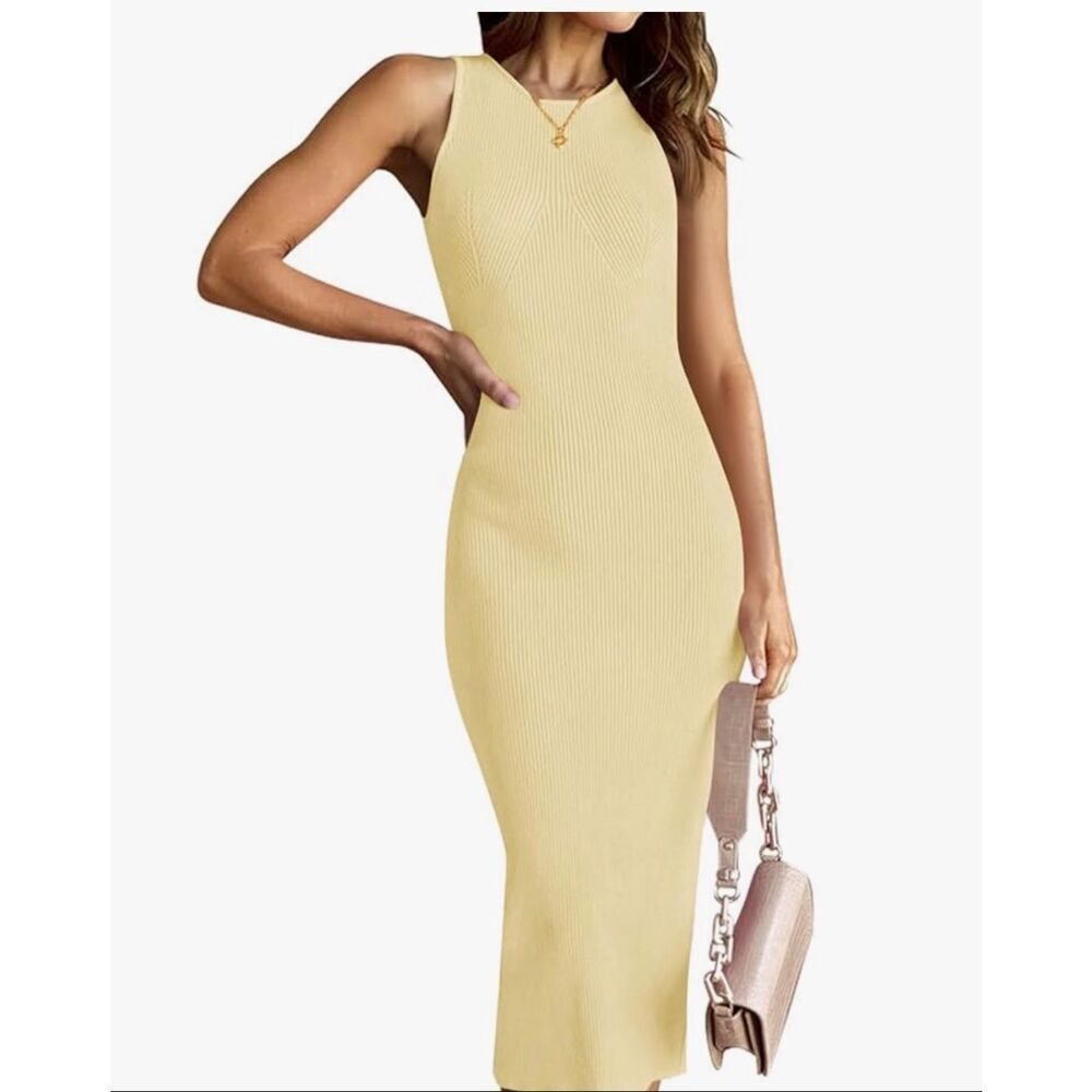 HAEOF Women's Summer Bodycon Midi Sweater Dress -yellow, size L